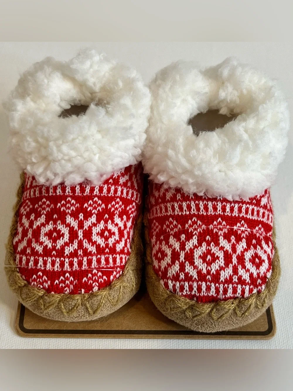 BearPaw Red Fair Isle Sherpa-Trim Baby Slippers